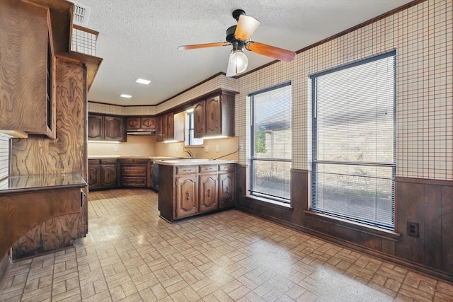 kitchen with brick floor, light countertops, ornamental molding, a peninsula, and under cabinet range hood