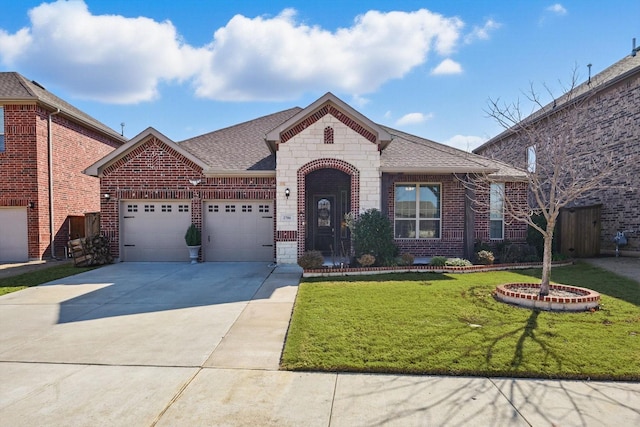 view of front of home featuring a garage, brick siding, a shingled roof, stone siding, and concrete driveway