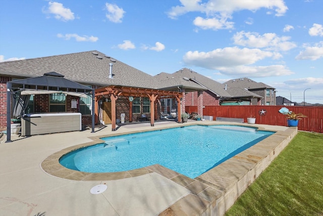 view of swimming pool featuring a patio, a jacuzzi, a fenced backyard, a gazebo, and a pergola