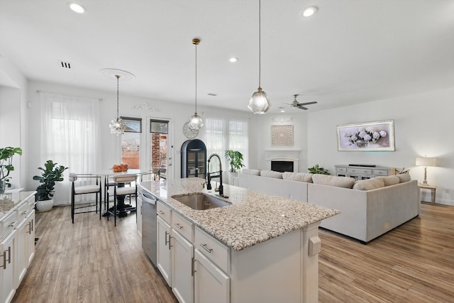 kitchen with plenty of natural light, dishwasher, light wood-style flooring, a fireplace, and a sink