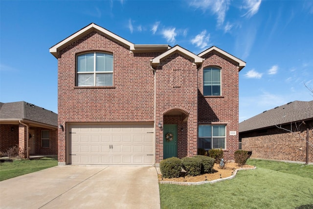 traditional home with a garage, concrete driveway, brick siding, and a front lawn