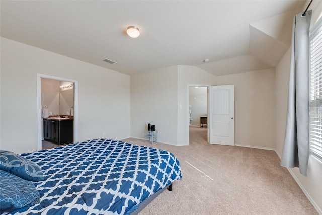 carpeted bedroom featuring visible vents, vaulted ceiling, baseboards, and multiple windows