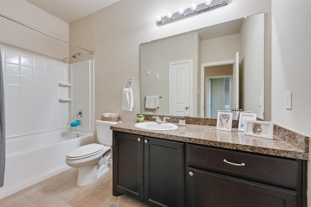 bathroom featuring tub / shower combination, vanity, toilet, and tile patterned floors