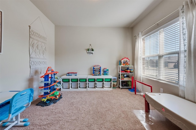 recreation room with carpet flooring