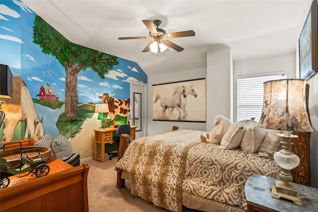 carpeted bedroom featuring a ceiling fan and lofted ceiling