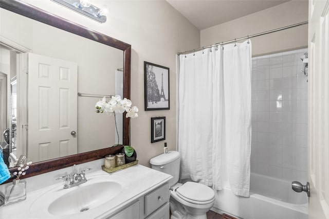 full bathroom featuring toilet, shower / bath combination with curtain, and vanity