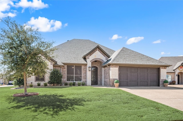 french country home with an attached garage, brick siding, driveway, roof with shingles, and a front yard