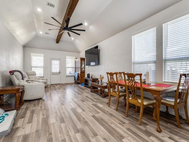 dining area featuring recessed lighting, visible vents, light wood-style floors, vaulted ceiling, and ceiling fan