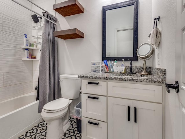 bathroom featuring shower / bath combination with curtain, vanity, and toilet