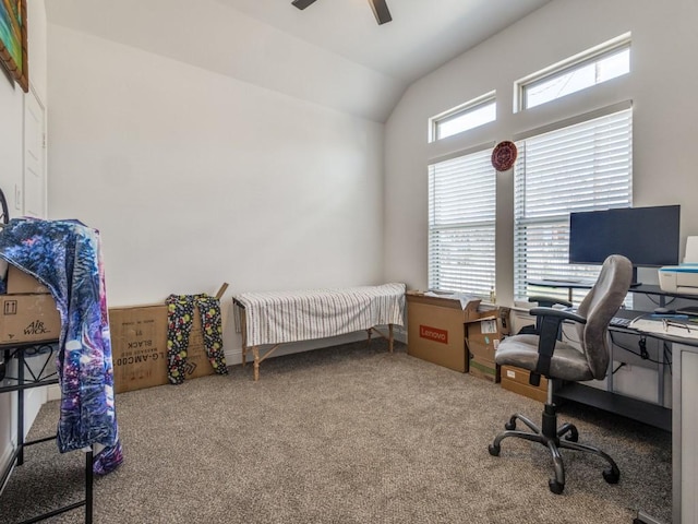 carpeted bedroom with a ceiling fan and vaulted ceiling