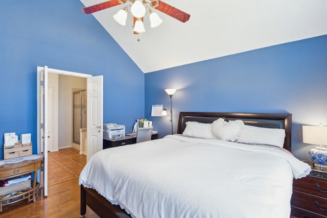 bedroom with ceiling fan, high vaulted ceiling, and wood finished floors