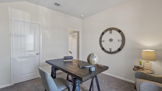 home office featuring lofted ceiling, baseboards, visible vents, and carpet flooring