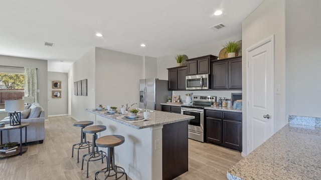 kitchen featuring light wood finished floors, a kitchen bar, visible vents, and stainless steel appliances