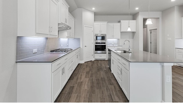 kitchen featuring tasteful backsplash, dark wood-style floors, appliances with stainless steel finishes, under cabinet range hood, and a sink