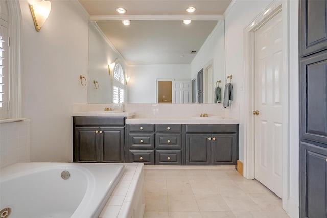 full bathroom featuring tile patterned flooring, double vanity, tasteful backsplash, tiled tub, and crown molding