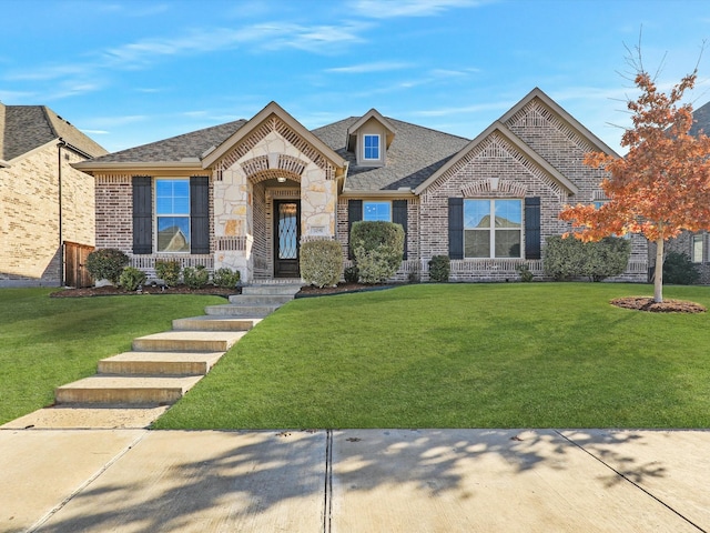 french provincial home with stone siding, brick siding, a front yard, and a shingled roof