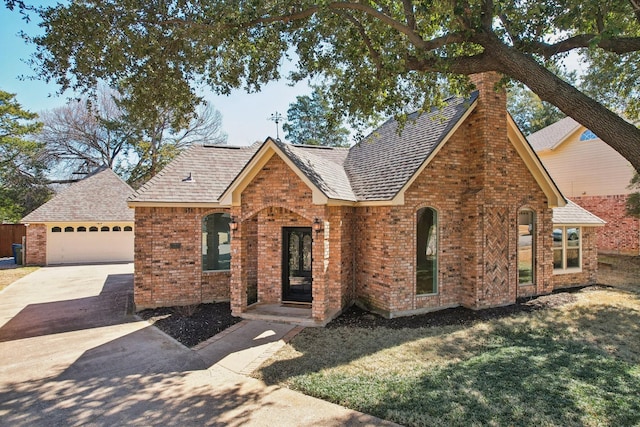 view of front of house with brick siding, a chimney, a shingled roof, a front yard, and a garage