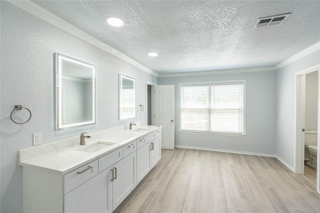 6512 Willow Oak Ct, Fort Worth, TX 76112 - full bathroom with a sink, crown molding, a textured ceiling, and visible vents