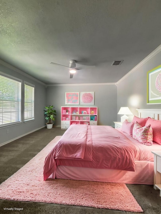 6512 Willow Oak Ct, Fort Worth, TX 76112 - carpeted bedroom with visible vents, ornamental molding, baseboards, a textured ceiling, and a ceiling fan