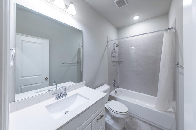 full bathroom with toilet, shower / bath combo, vanity, and visible vents