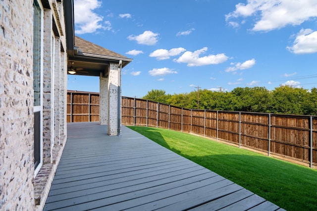 wooden deck featuring a fenced backyard and a yard