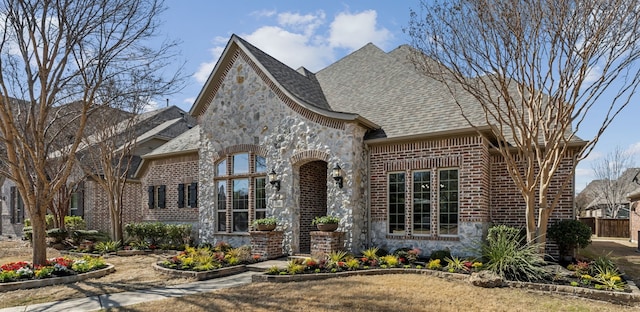 french country style house with brick siding, stone siding, and a shingled roof