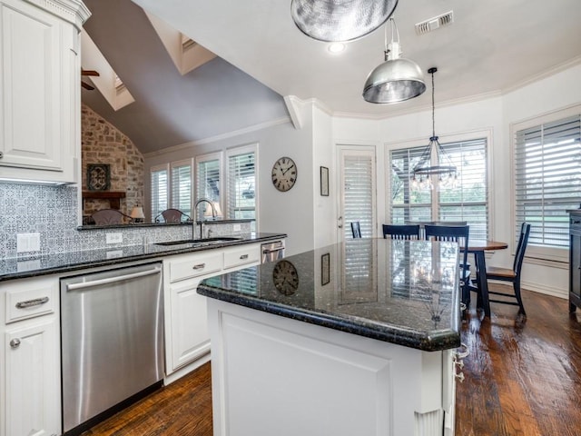 kitchen featuring ornamental molding, dishwasher, a sink, and dark wood-style floors