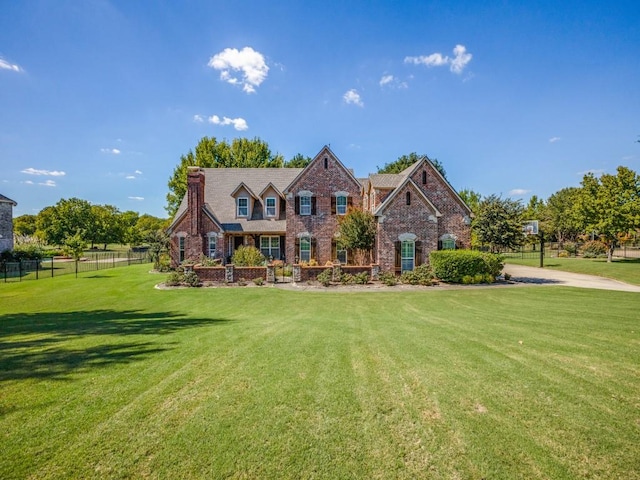 view of front of home featuring a front lawn, fence, and brick siding