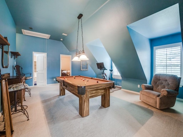 rec room featuring vaulted ceiling, pool table, carpet, and attic access