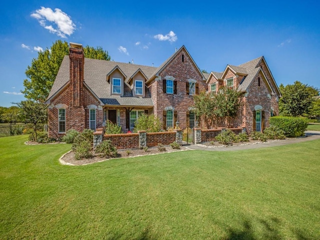 view of front of property with a shingled roof, a chimney, a front lawn, and brick siding