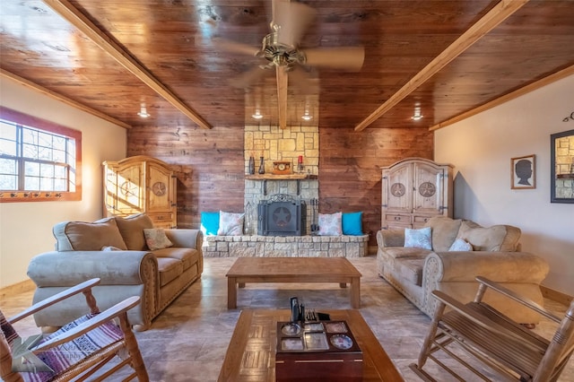 living area with a ceiling fan, wood ceiling, and wooden walls