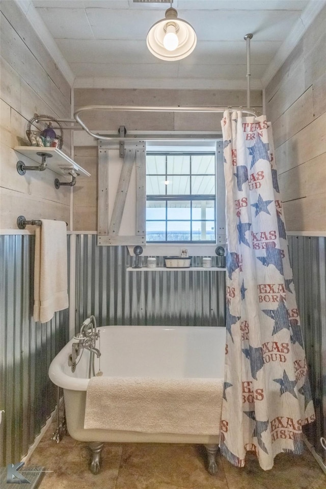 full bath with wood walls, a shower with shower curtain, and a bath