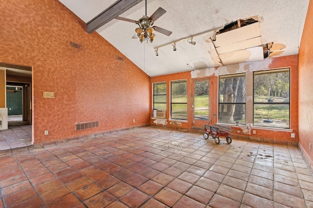 unfurnished sunroom featuring vaulted ceiling with beams, ceiling fan, cooling unit, and visible vents