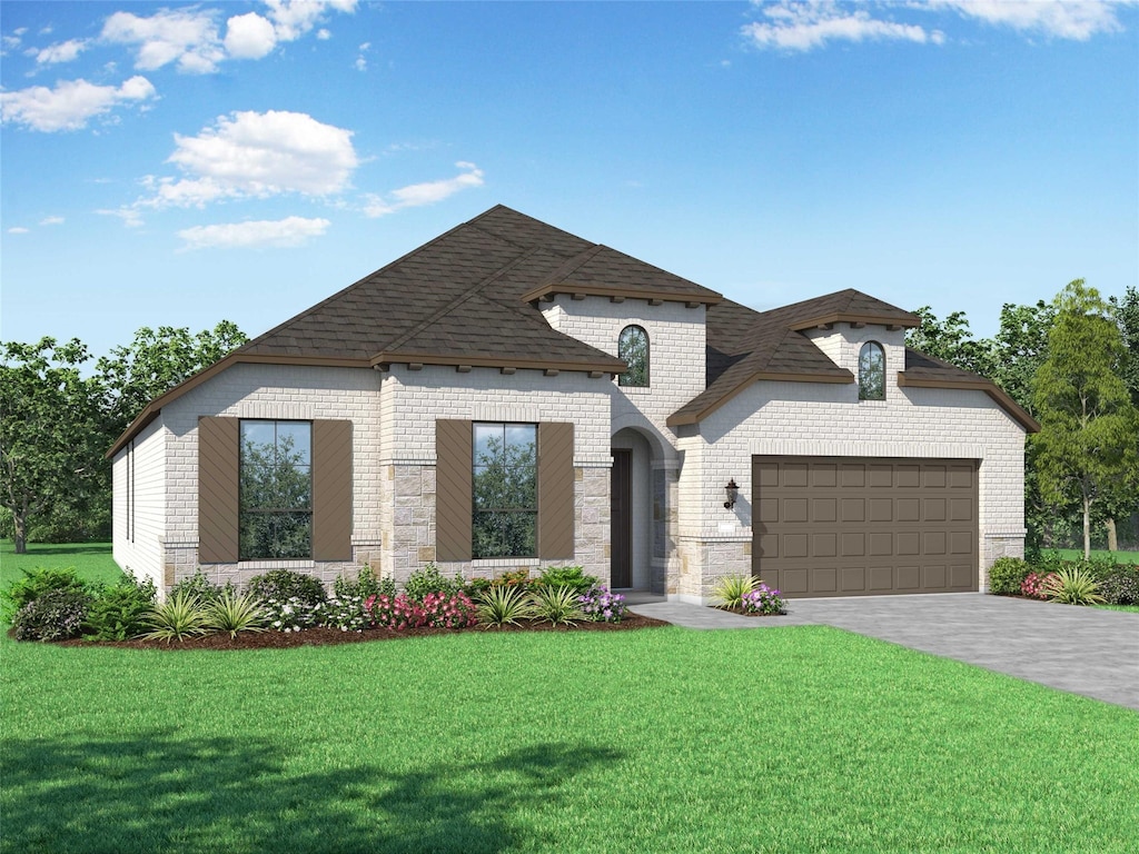 view of front facade with a garage, brick siding, roof with shingles, decorative driveway, and a front yard