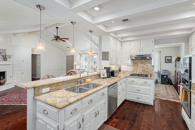 kitchen with a peninsula, stainless steel appliances, under cabinet range hood, a fireplace, and a sink