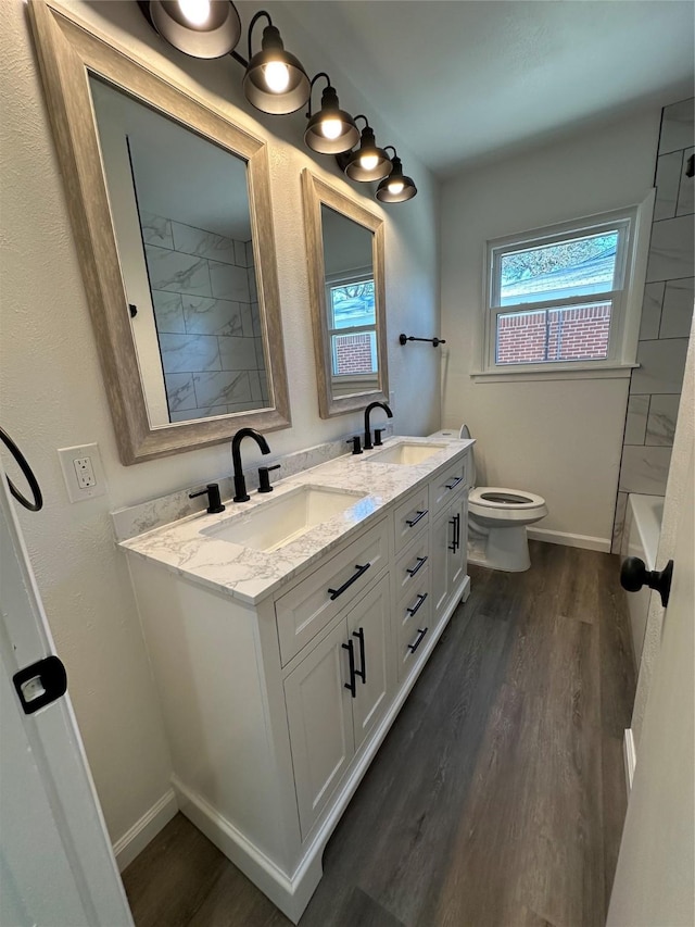 bathroom with double vanity, wood finished floors, a sink, and toilet