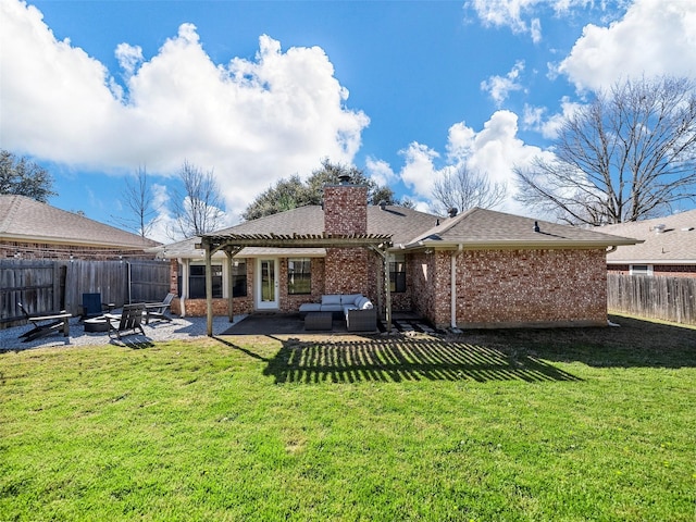 back of house with an outdoor living space with a fire pit, a patio, brick siding, a pergola, and a fenced backyard