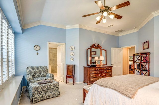 bedroom featuring carpet floors, visible vents, and crown molding