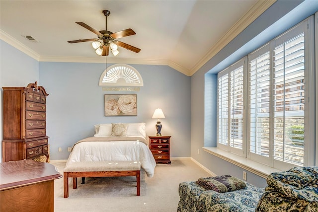 carpeted bedroom with ornamental molding, visible vents, vaulted ceiling, and baseboards