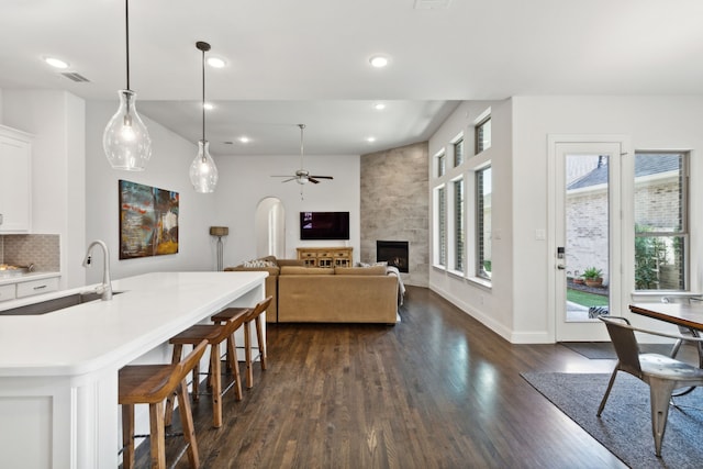 kitchen with dark wood-style floors, a premium fireplace, light countertops, white cabinetry, and a sink