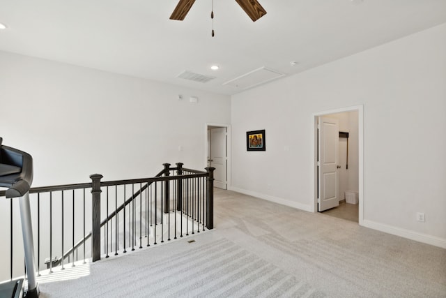 unfurnished room featuring light carpet, baseboards, visible vents, ceiling fan, and recessed lighting