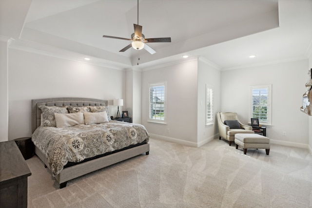 bedroom featuring carpet, multiple windows, baseboards, and a raised ceiling