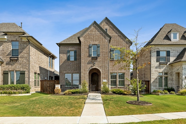 view of front of home with a front yard, fence, and brick siding