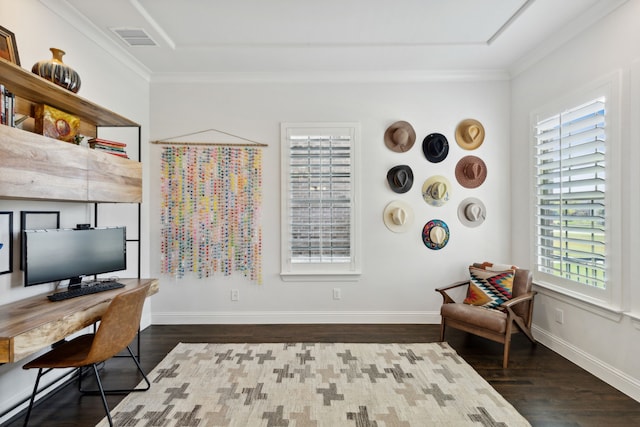 office featuring ornamental molding, wood finished floors, visible vents, and baseboards