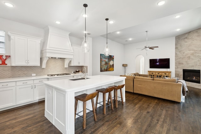 kitchen with dark wood finished floors, an island with sink, light countertops, premium range hood, and a sink