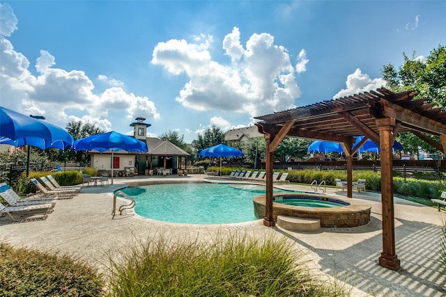 community pool with a patio area, fence, a community hot tub, and a pergola