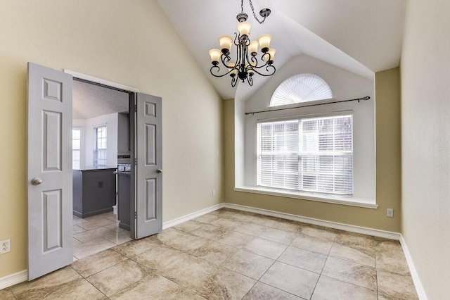 unfurnished dining area featuring vaulted ceiling, light tile patterned floors, baseboards, and an inviting chandelier