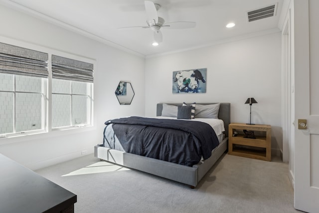 carpeted bedroom featuring recessed lighting, visible vents, a ceiling fan, and ornamental molding