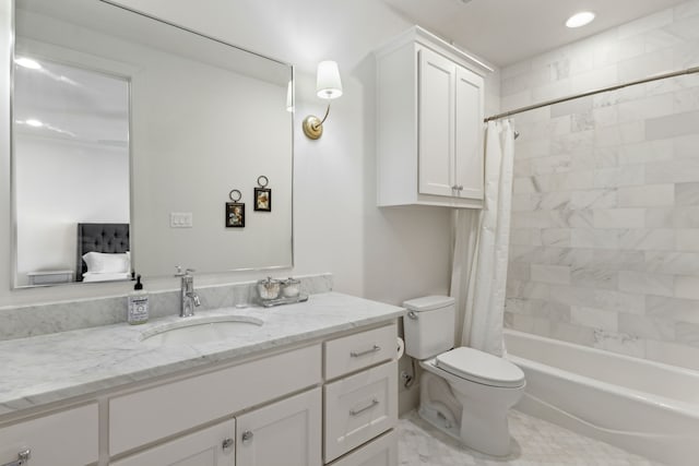 bathroom featuring toilet, shower / bath combination with curtain, and vanity