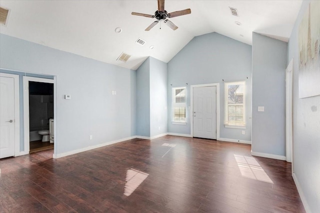 unfurnished living room featuring a ceiling fan, visible vents, and wood finished floors